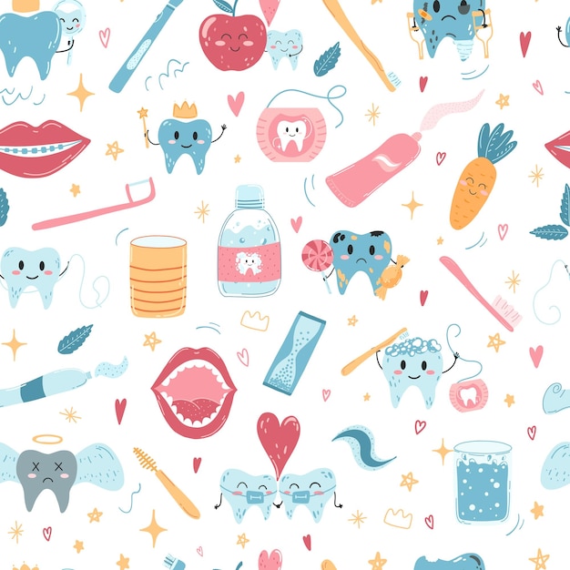 Seamless pattern with kawaii teeth character oral care products
in cartoon style children background