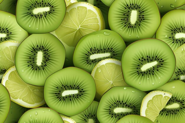 Photo seamless pattern with kiwi and lemon slices on green background