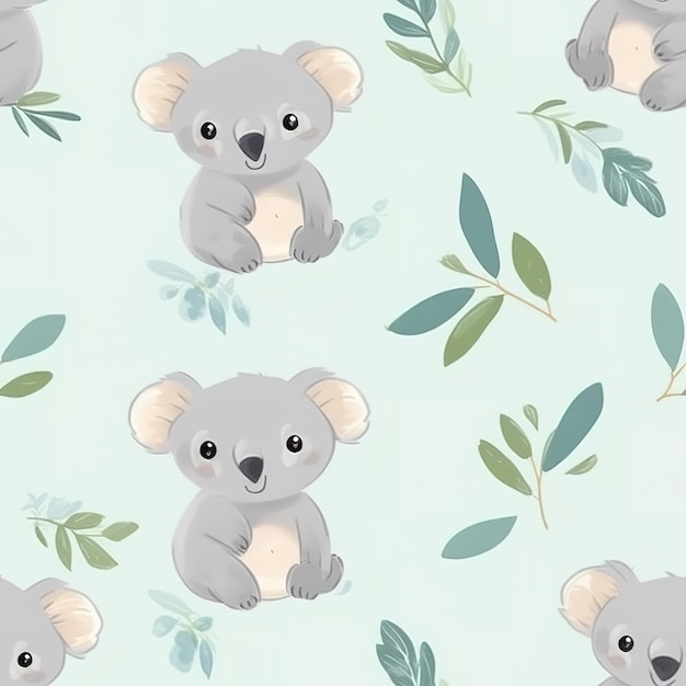 A seamless pattern with koalas and leaves on a light blue background.