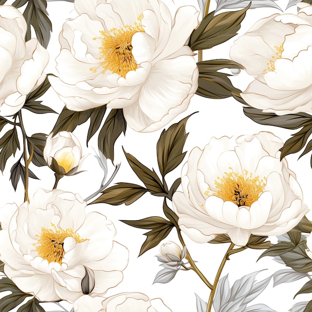 seamless pattern with large white peonies