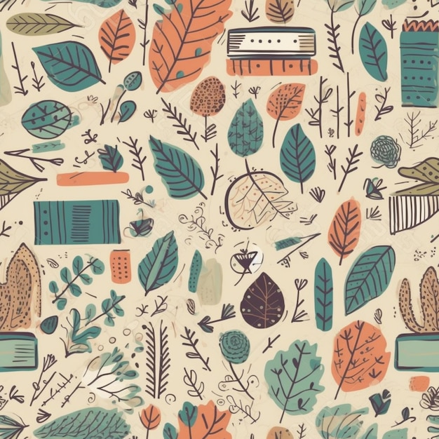 A seamless pattern with leaves and a book.