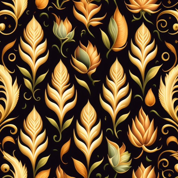 A seamless pattern with leaves and flowers on a black background.