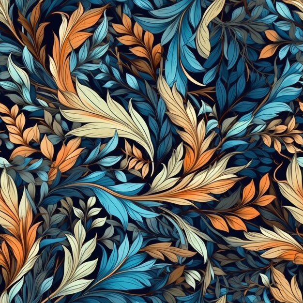 Seamless pattern with leaves and flowers on a dark background.