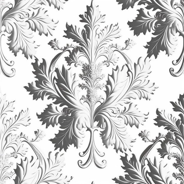 A seamless pattern with leaves and flowers on a white background.