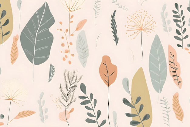 A seamless pattern with leaves and flowers.