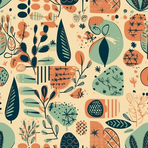 A seamless pattern with leaves and flowers.