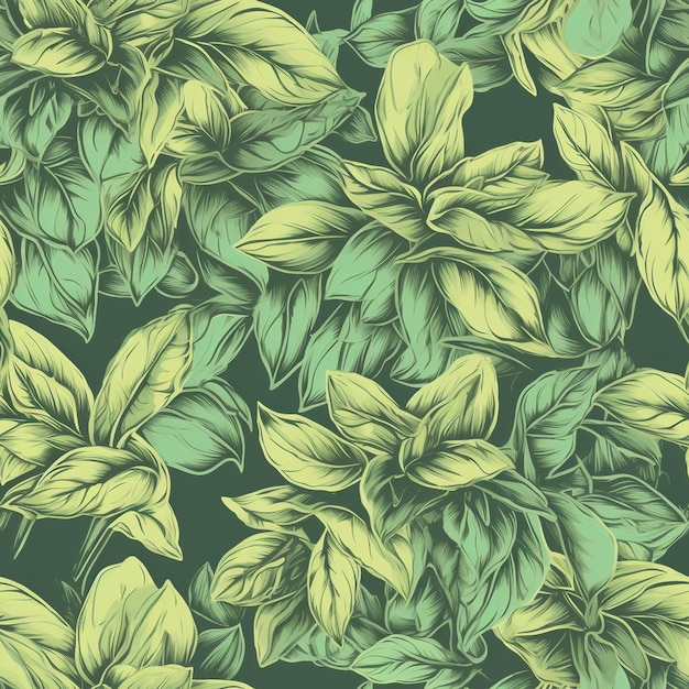A seamless pattern with leaves on a green background.