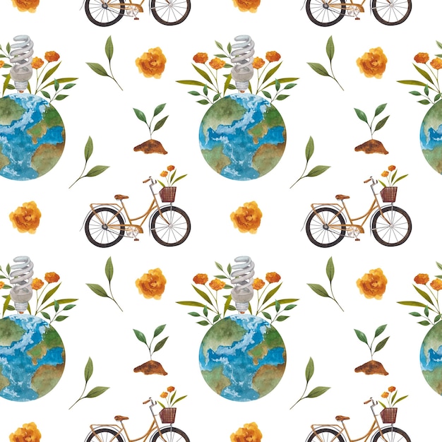 Seamless pattern with leaves and orange flowers planet Bicycle and trees inscription on a theme zero waste on white background Perfect for brochures promotional materials wrapping paper