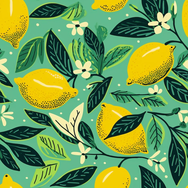 レモンの果実の葉と枝のシームレスなパターン 熱帯の果実の花の背景