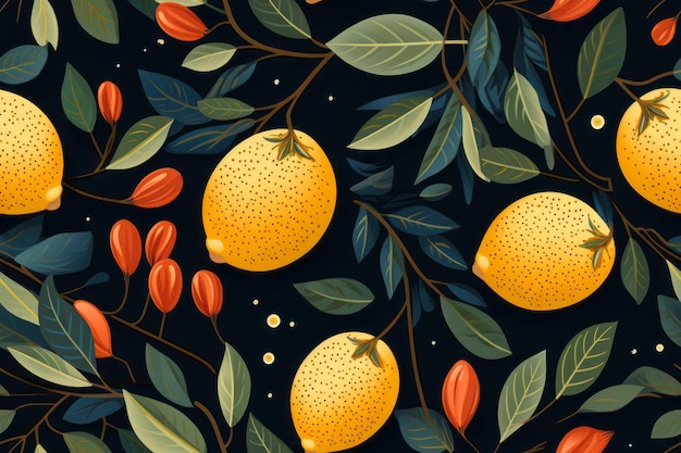 seamless pattern with lemons and berries on a black background