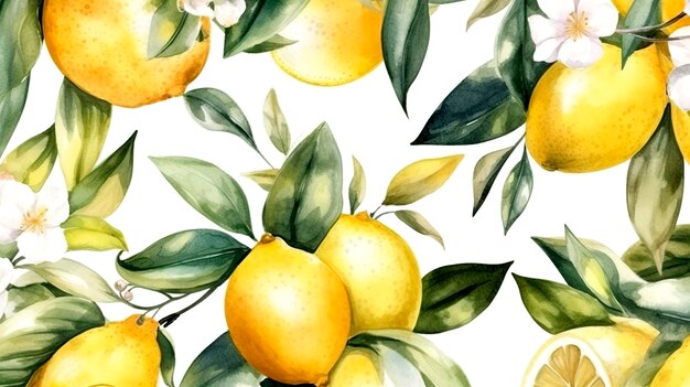 A seamless pattern with lemons and leaves watercolor illustration