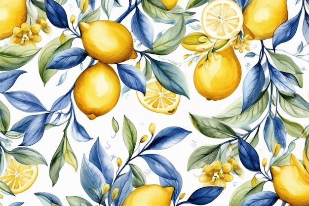 A seamless pattern with lemons and leaves on a white background.