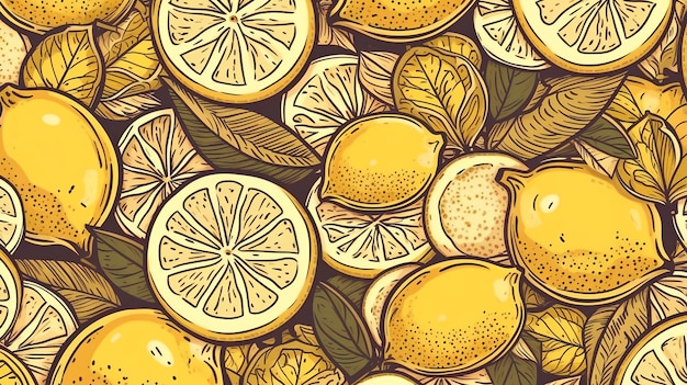 Бесшовный узор с лимонами и листьями.