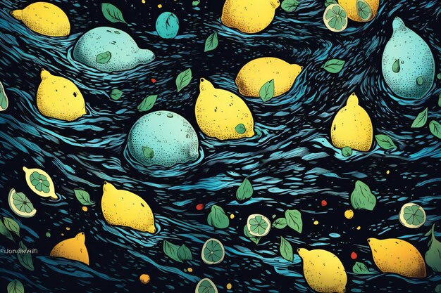 Seamless pattern with lemons on the water