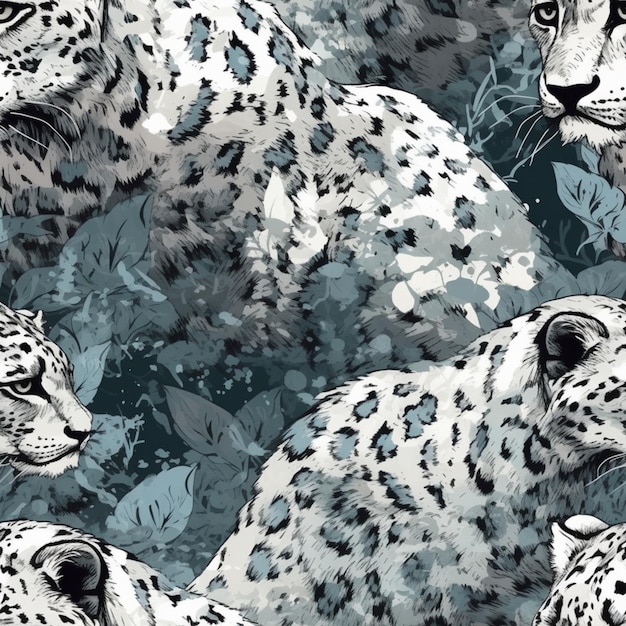 Seamless pattern with a leopards on a background of tropical leaves.