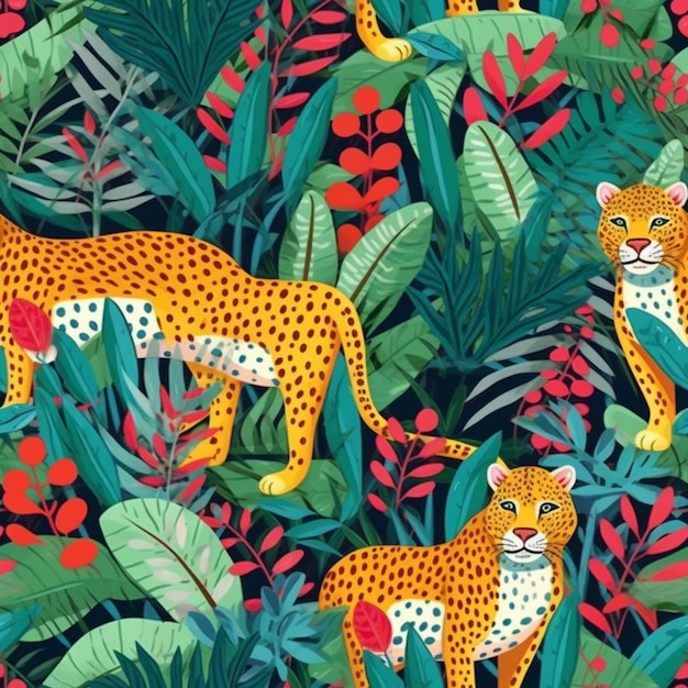 Photo a seamless pattern with leopards in the jungle.