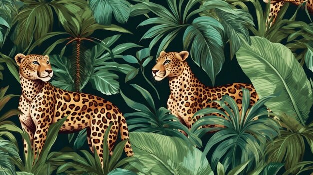 Seamless pattern with leopards and tropical leaves Trendy style