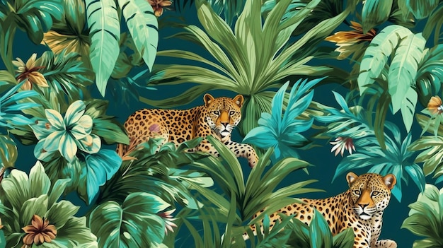 Seamless pattern with leopards and tropical leaves Trendy style