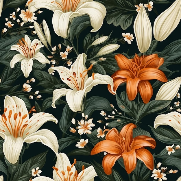 A seamless pattern with lilies and leaves.