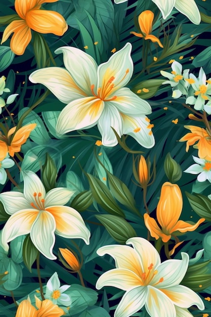 A seamless pattern with lilies and leaves.