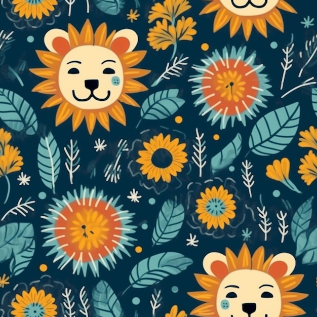 A seamless pattern with lion faces and flowers.