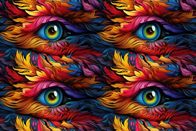 Photo seamless pattern with looking human eyes on multicolored rainbow bright gradient background