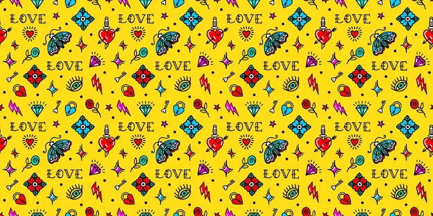 seamless pattern with love symbols in Old school tattoo style