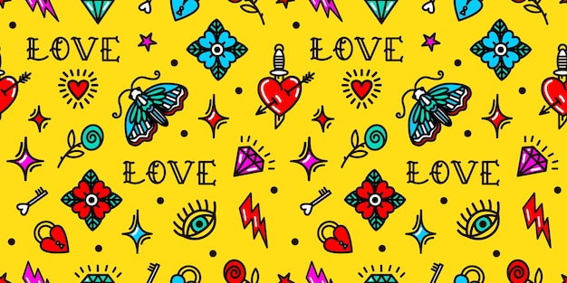 seamless pattern with love symbols in Old school tattoo style