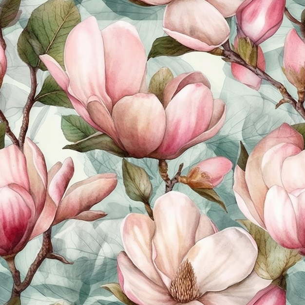 A seamless pattern with magnolia flowers on a blue background.