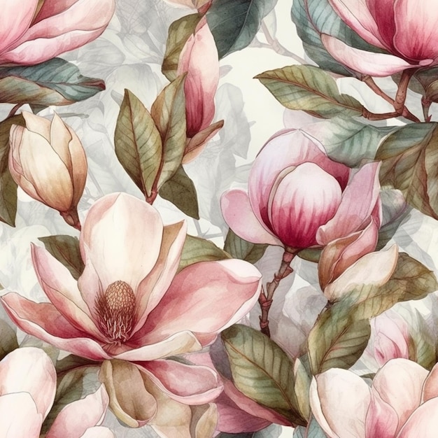 A seamless pattern with magnolia flowers on a gray background.