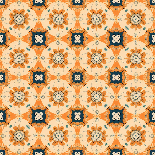 オレンジ色のマンダラのイラストでシームレスなパターン