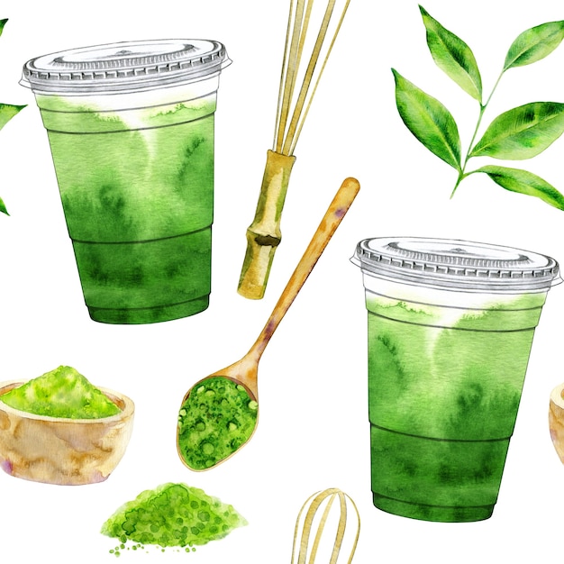 Seamless pattern with matcha drink