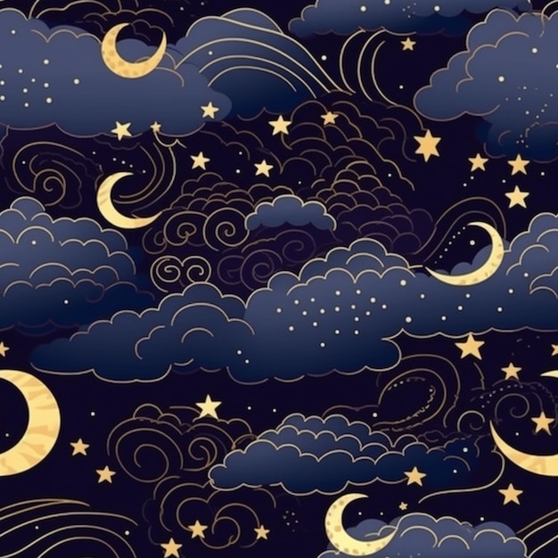 Seamless pattern with moon and stars on a dark background.