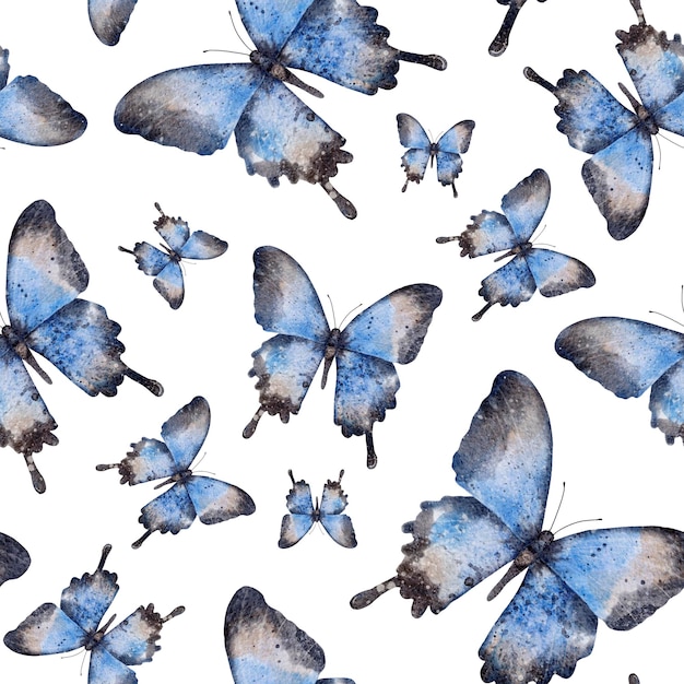 나방 이나 파란 나비 를 가진 무 ⁇  없는 패턴 손 으로 그린 수채화 곤충 그림