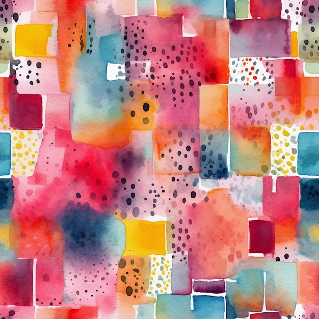 Seamless pattern with multicolored abstract shapes and paint spots in watercolor style