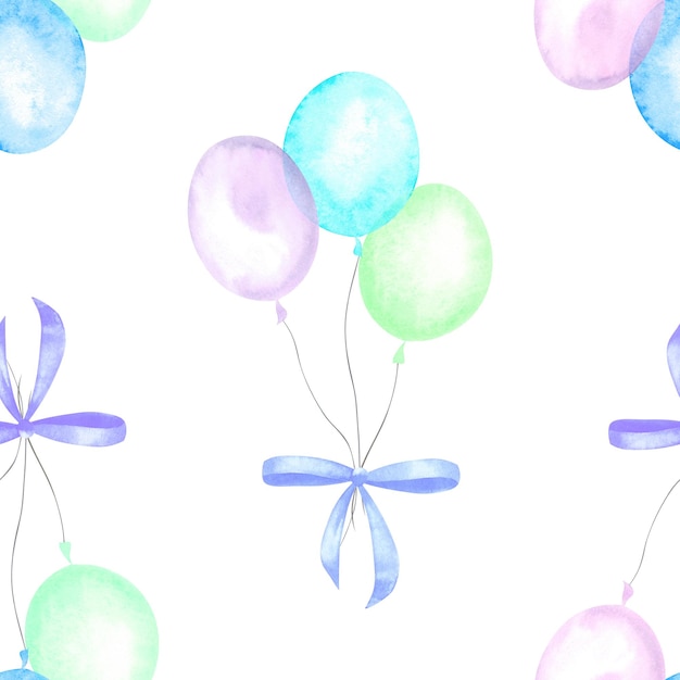 Seamless pattern with multicolored balloons with ribbons painted in watercolor on a white background