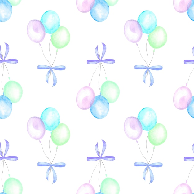 Seamless pattern with multicolored balloons with ribbons\
painted in watercolor on a white background