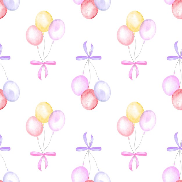 Seamless pattern with multicolored balloons with ribbons\
painted in watercolor on a white background