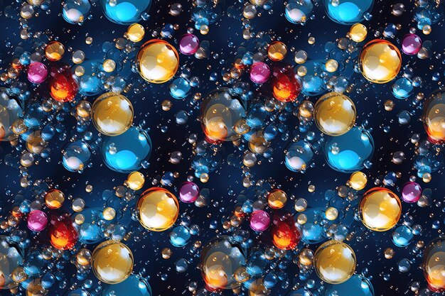 Photo seamless pattern with multicolored colored colorful soap bubbles on a dark blue background