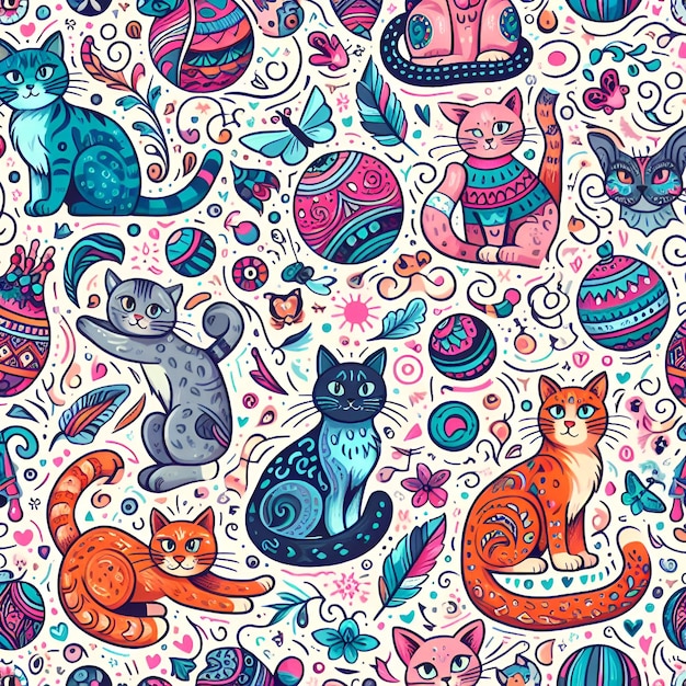 seamless pattern with multicolored cute cats background