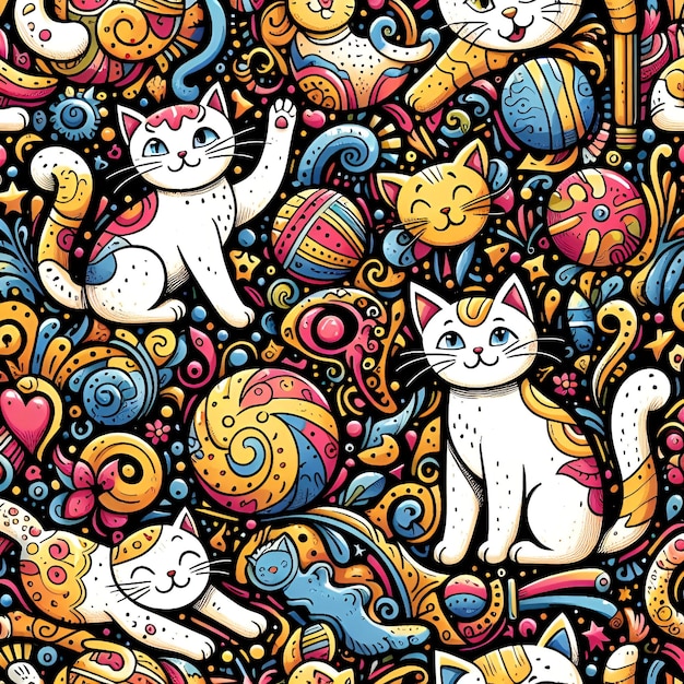 seamless pattern with multicolored cute cats background