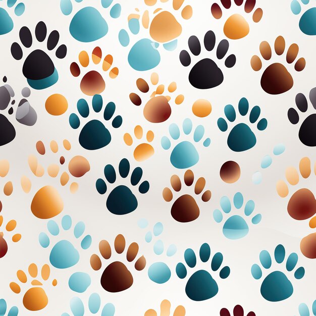 Photo seamless pattern with multicolored footsteps paw prints of animal dog on white background