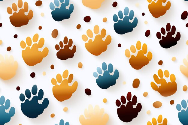 Photo seamless pattern with multicolored footsteps paw prints of animal dog on white background