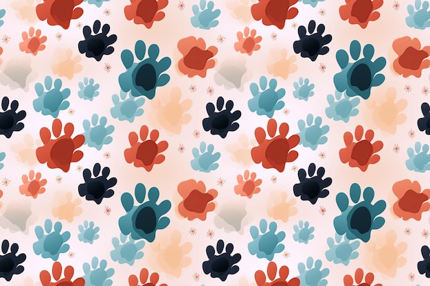 seamless pattern with multicolored footsteps paw prints of wild animal on white background