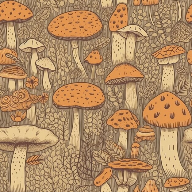 A seamless pattern with mushrooms and a bird.
