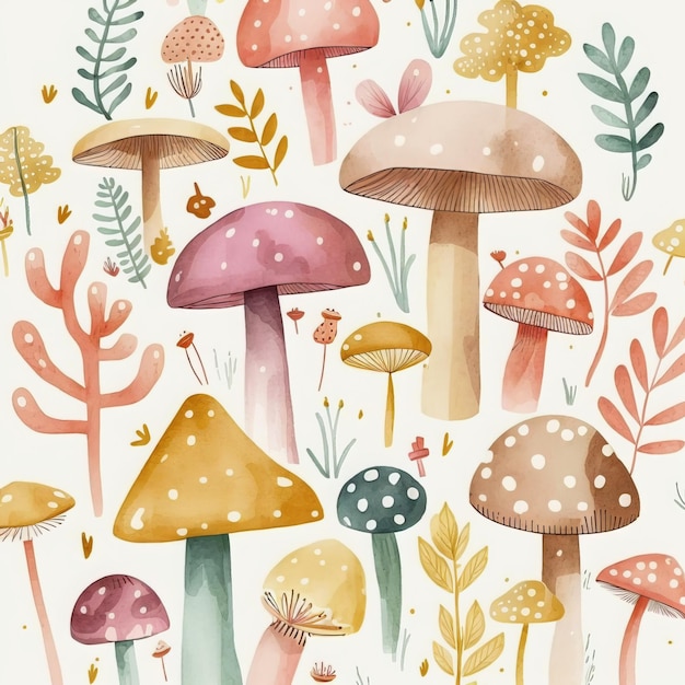 A seamless pattern with mushrooms and flowers.