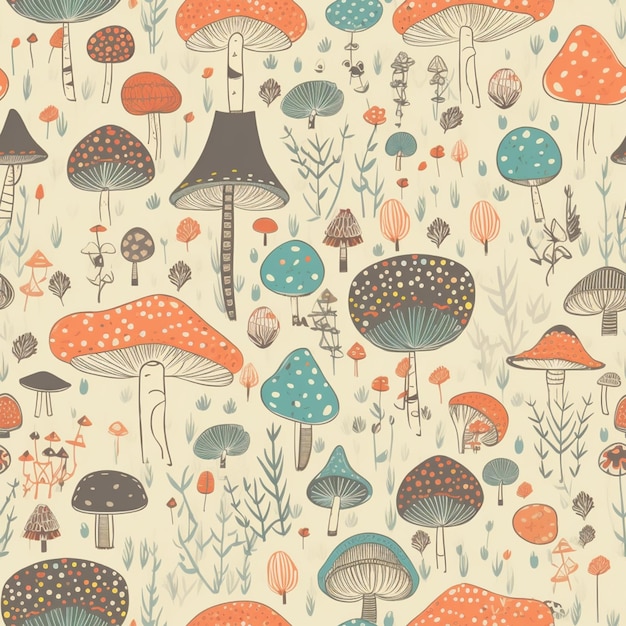 Бесшовный рисунок с грибами и растениями на бежевом фоне.