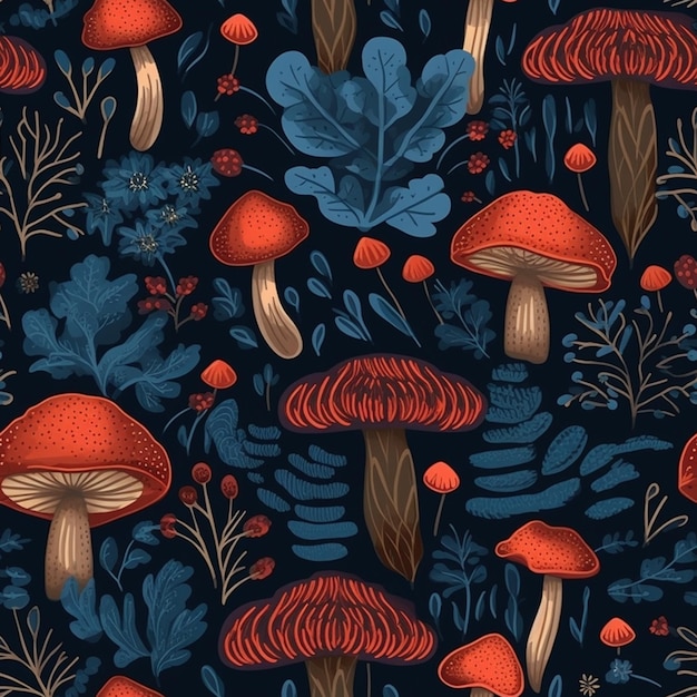 Photo seamless pattern with mushrooms and plants on a dark background.