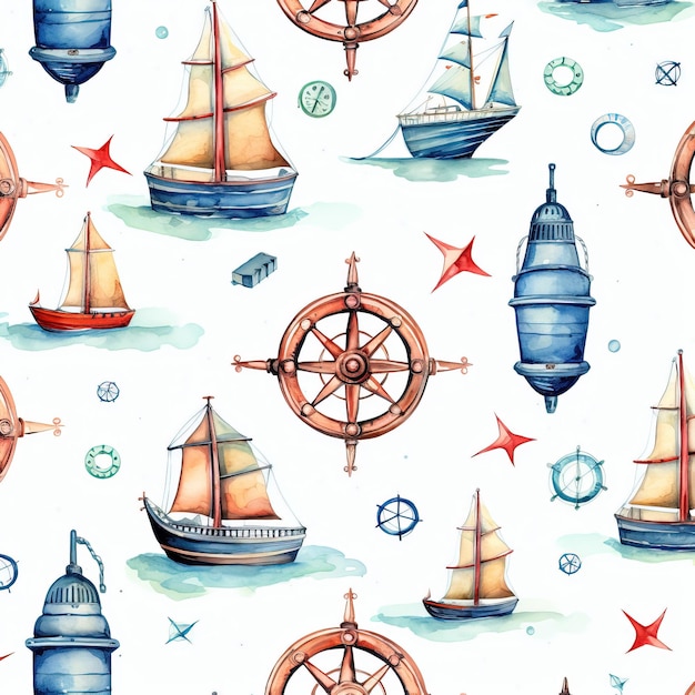 Seamless pattern with nautical elements Hand drawn watercolor illustration