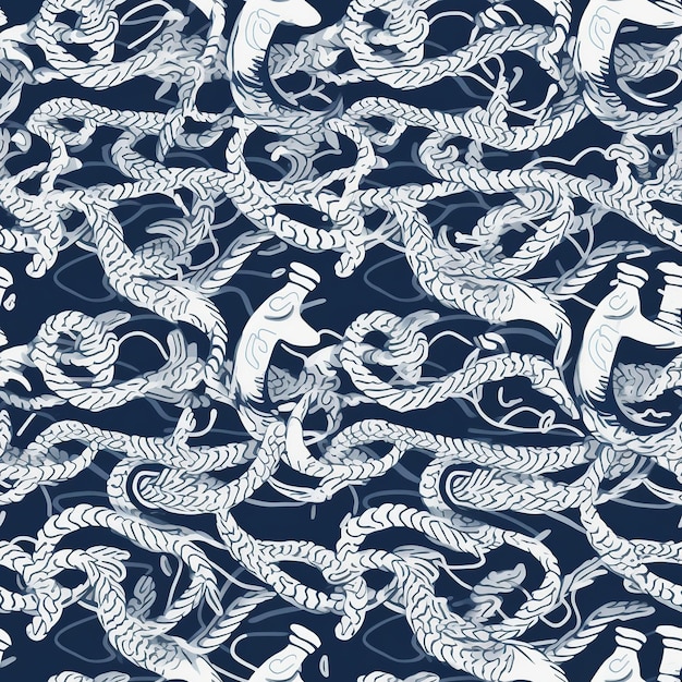 Seamless pattern with nautical motifs of anchors ropes and sailboats in cool blues